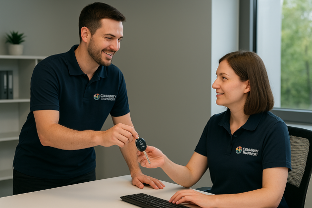 A commuunity transport dispatcher giving vehicle keys to a volunteer driver.